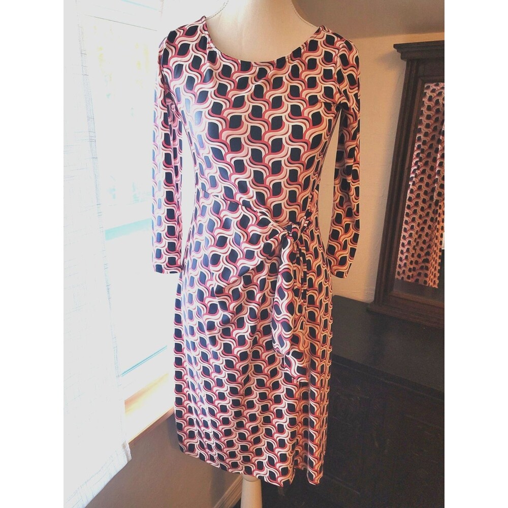 Talbots XS Pink Navy Faux Wrap Dress Geometric Stretch Knit 3/4 Sleeve Retro Mod